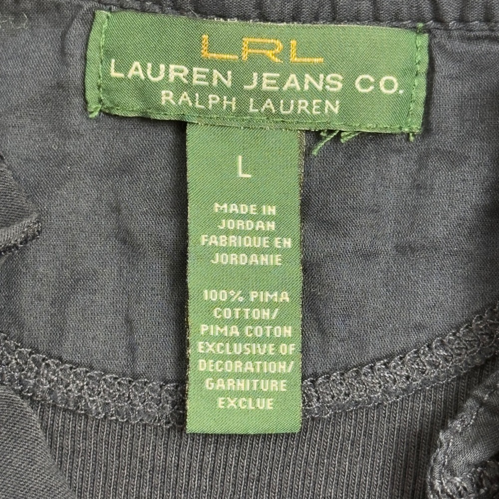 Lauren Jeans Co Ralph Lauren Navy Blue Ruffle V-Neck Ribbed Pima Cotton Top L - Picture 3 of 13